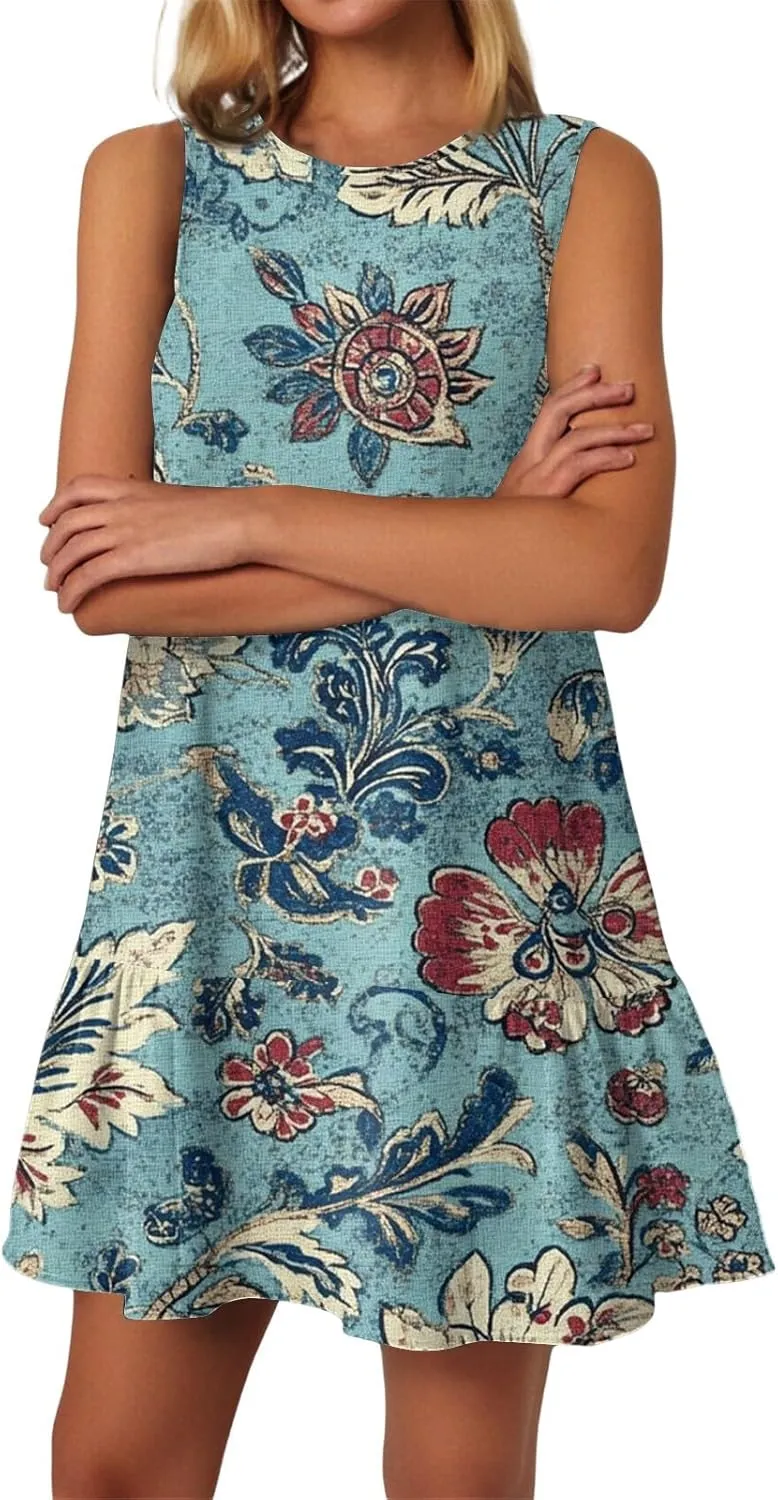 Summer Dresses for Women 2025 Casual Floral Print A-Line Sleeveless Ruffle Hem Round Neck with Pockets Beach Tank Dresses
