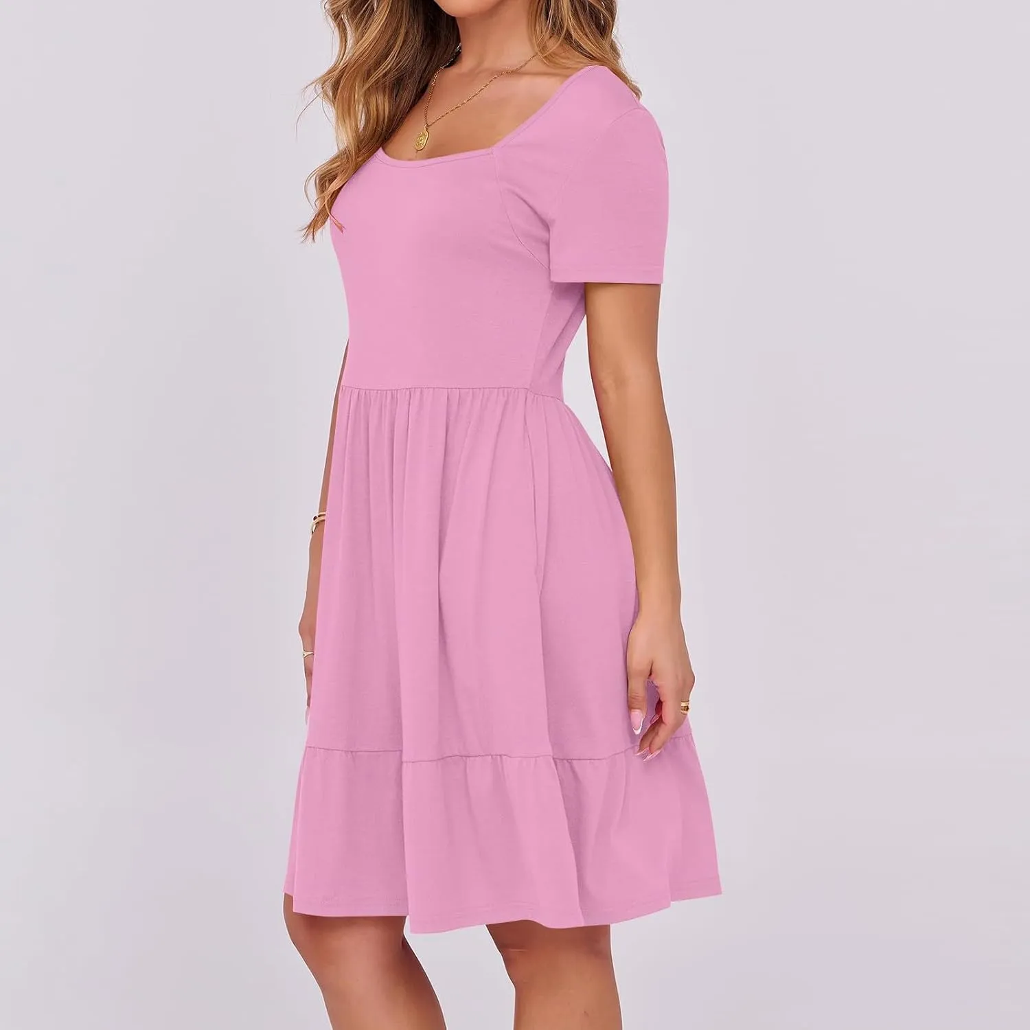 Summer Dresses for Women 2025 Casual Short Sleeve A-Line Sundresses Square Neck Tiered Shirts Dress with Pockets