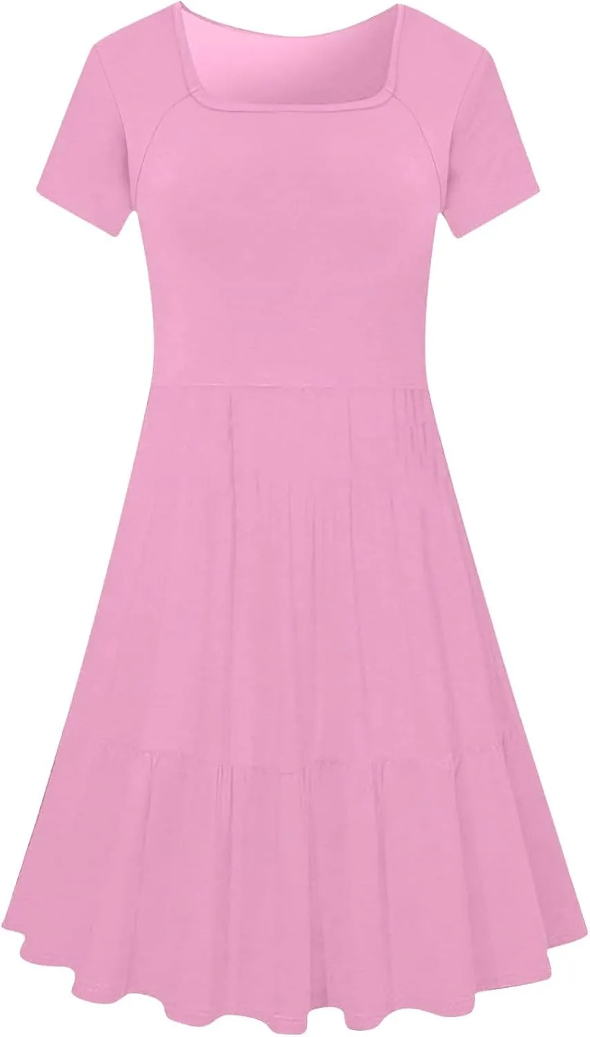 Summer Dresses for Women 2025 Casual Short Sleeve A-Line Sundresses Square Neck Tiered Shirts Dress with Pockets