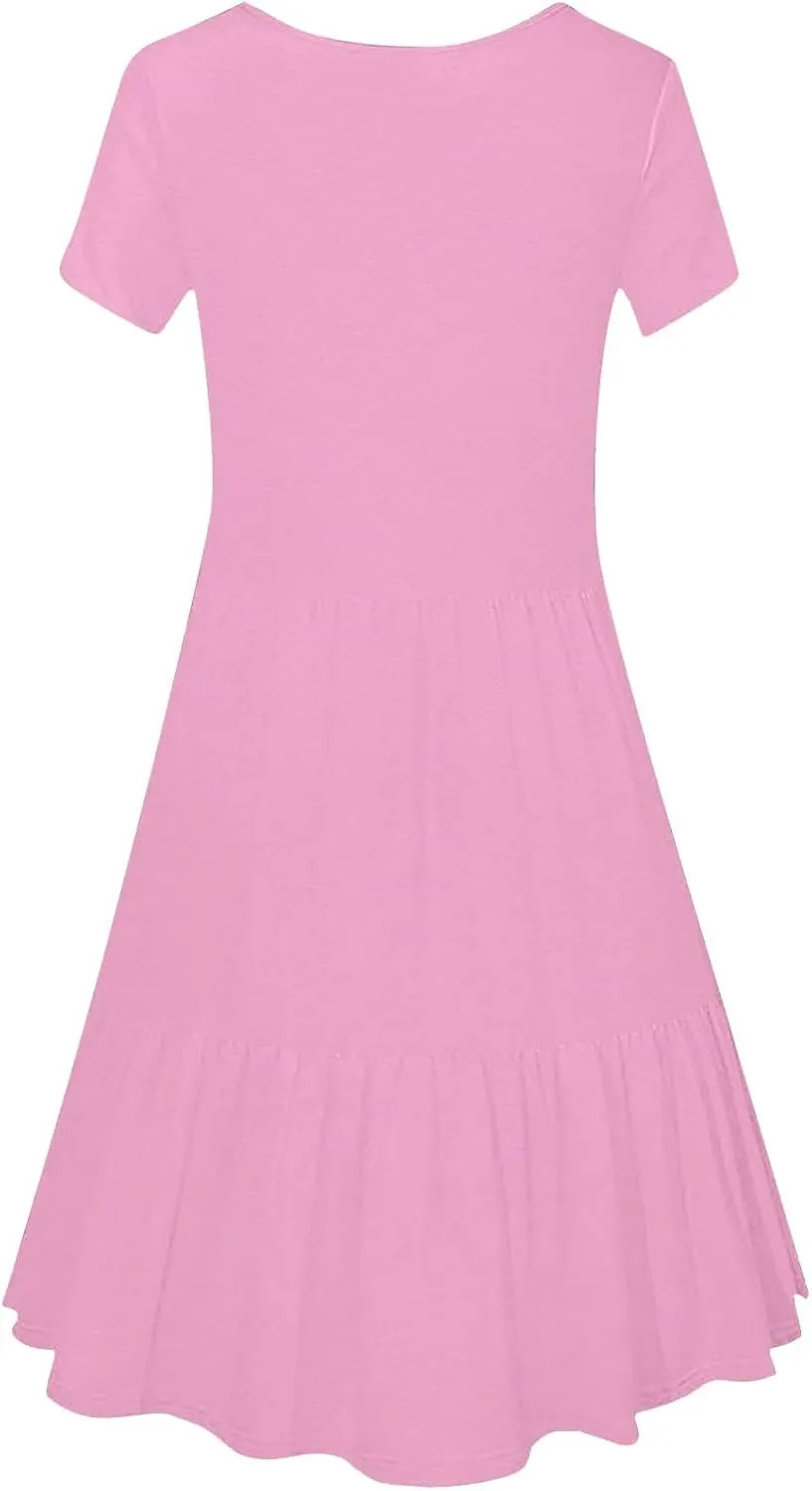 Summer Dresses for Women 2025 Casual Short Sleeve A-Line Sundresses Square Neck Tiered Shirts Dress with Pockets