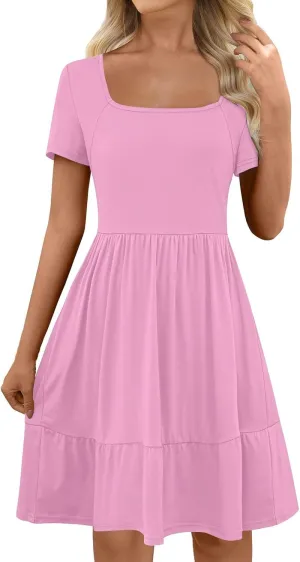 Summer Dresses for Women 2025 Casual Short Sleeve A-Line Sundresses Square Neck Tiered Shirts Dress with Pockets