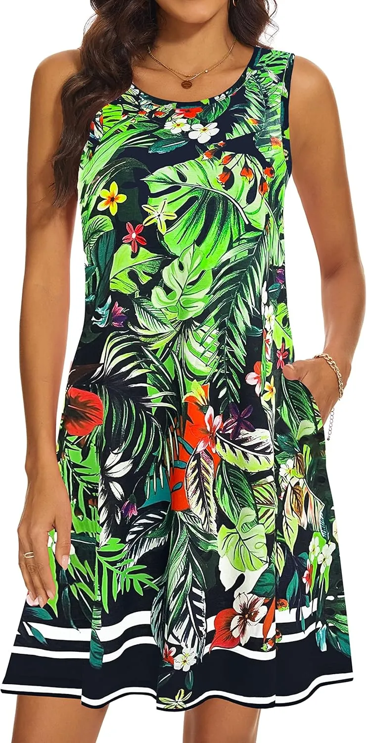 Summer Dresses for Women 2025 Casual Sundresses Beach Cover Ups Sleeveless Tshirt Swing Dress with Pockets