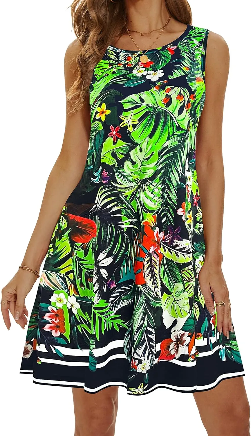 Summer Dresses for Women 2025 Casual Sundresses Beach Cover Ups Sleeveless Tshirt Swing Dress with Pockets