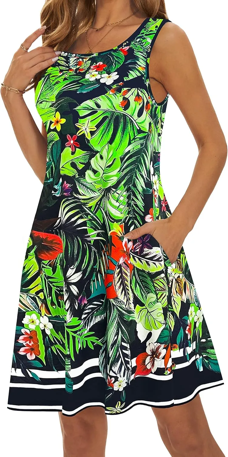 Summer Dresses for Women 2025 Casual Sundresses Beach Cover Ups Sleeveless Tshirt Swing Dress with Pockets