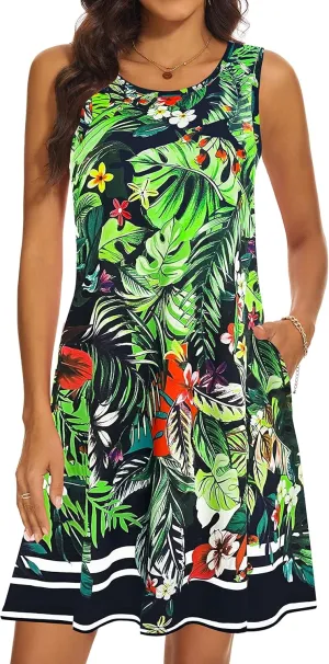 Summer Dresses for Women 2025 Casual Sundresses Beach Cover Ups Sleeveless Tshirt Swing Dress with Pockets