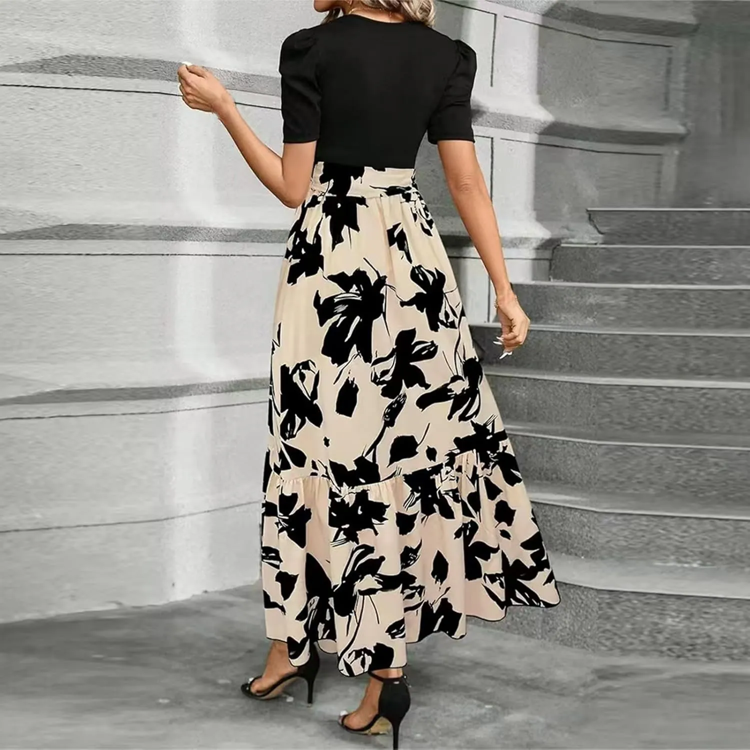 Summer Dresses for Women 2025 Maxi Dress Ruffle Short Sleeve Casual Floral Print Long Flowy Dresses with Pockets