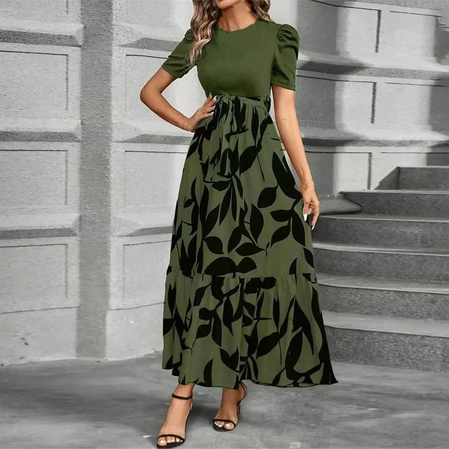 Summer Dresses for Women 2025 Maxi Dress Ruffle Short Sleeve Casual Floral Print Long Flowy Dresses with Pockets
