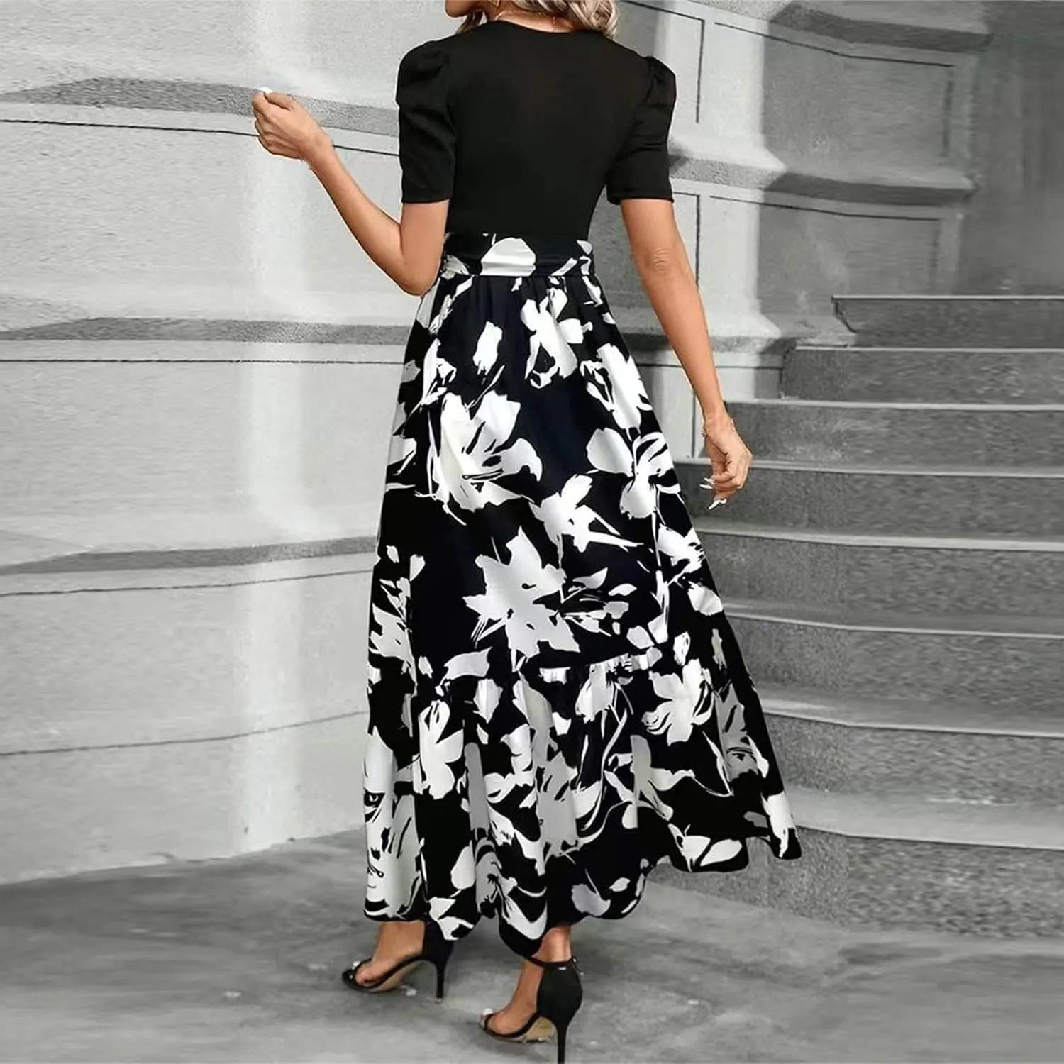 Summer Dresses for Women 2025 Maxi Dress Ruffle Short Sleeve Casual Floral Print Long Flowy Dresses with Pockets
