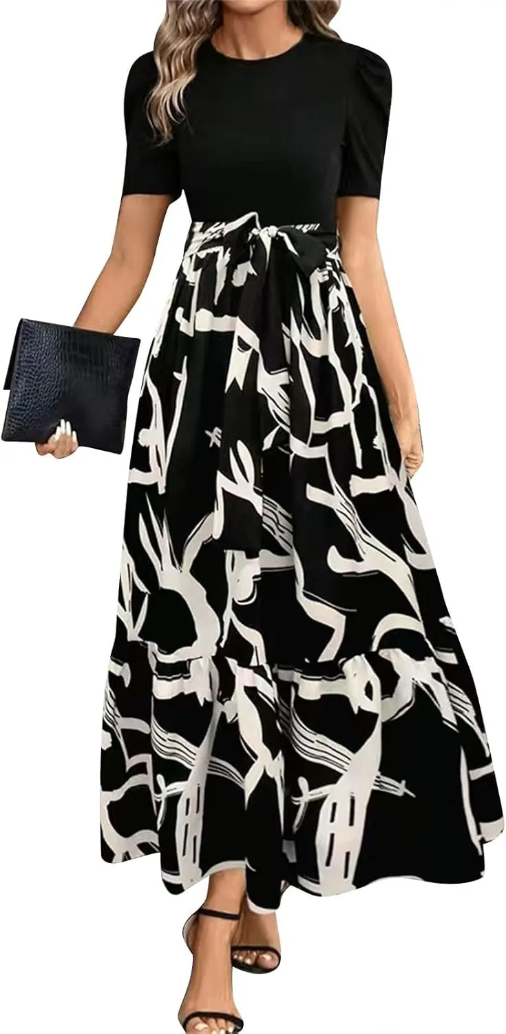 Summer Dresses for Women 2025 Maxi Dress Ruffle Short Sleeve Casual Floral Print Long Flowy Dresses with Pockets