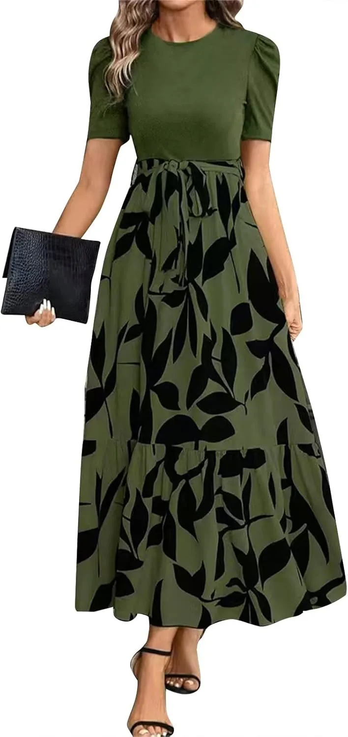 Summer Dresses for Women 2025 Maxi Dress Ruffle Short Sleeve Casual Floral Print Long Flowy Dresses with Pockets
