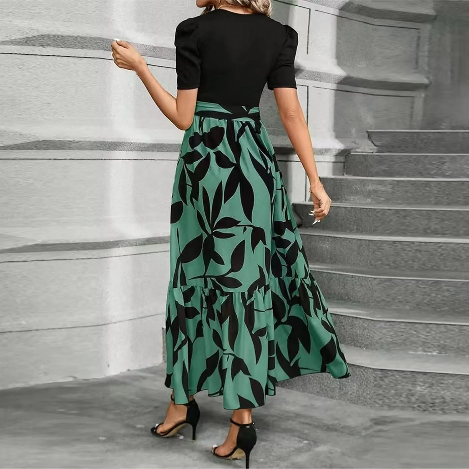 Summer Dresses for Women 2025 Maxi Dress Ruffle Short Sleeve Casual Floral Print Long Flowy Dresses with Pockets