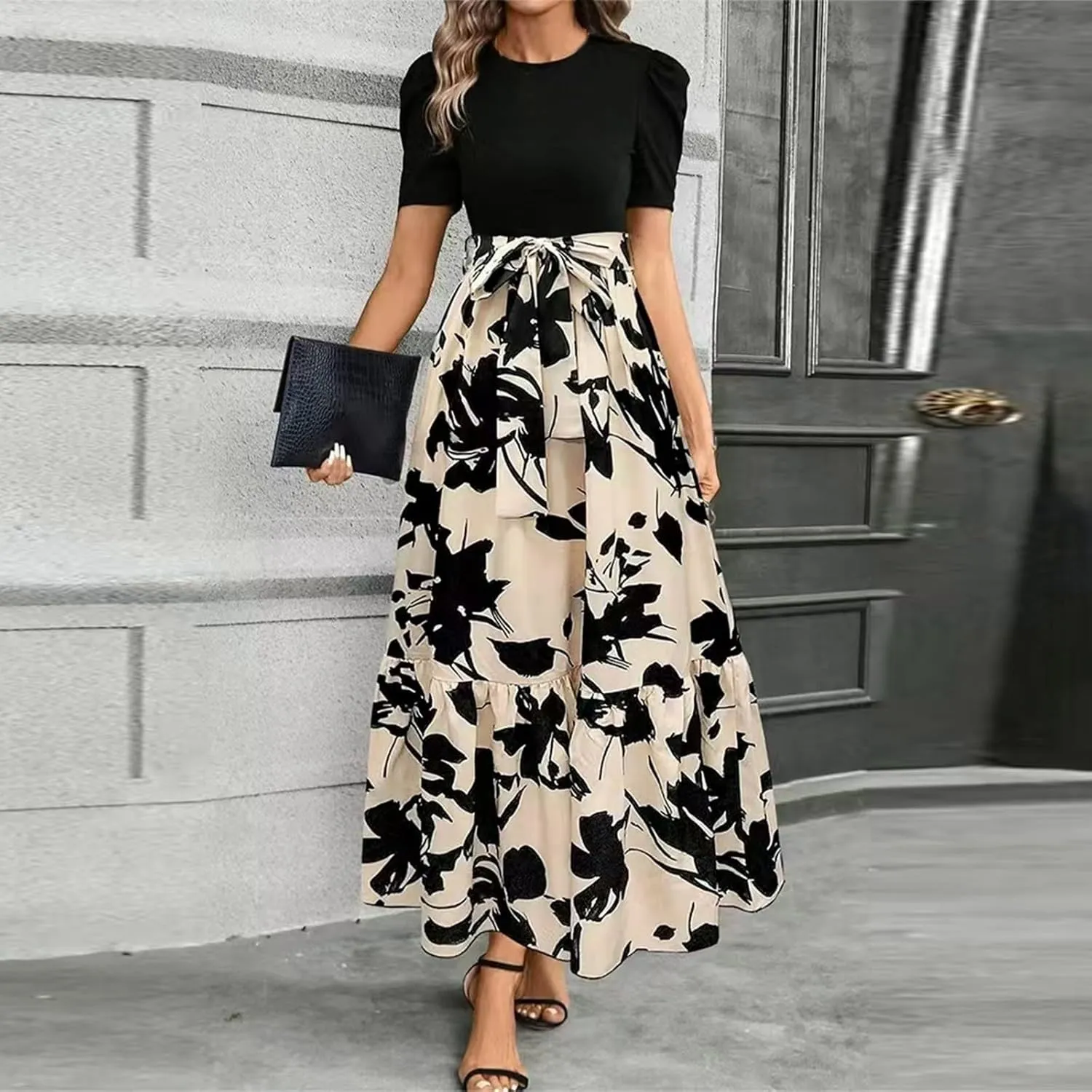 Summer Dresses for Women 2025 Maxi Dress Ruffle Short Sleeve Casual Floral Print Long Flowy Dresses with Pockets
