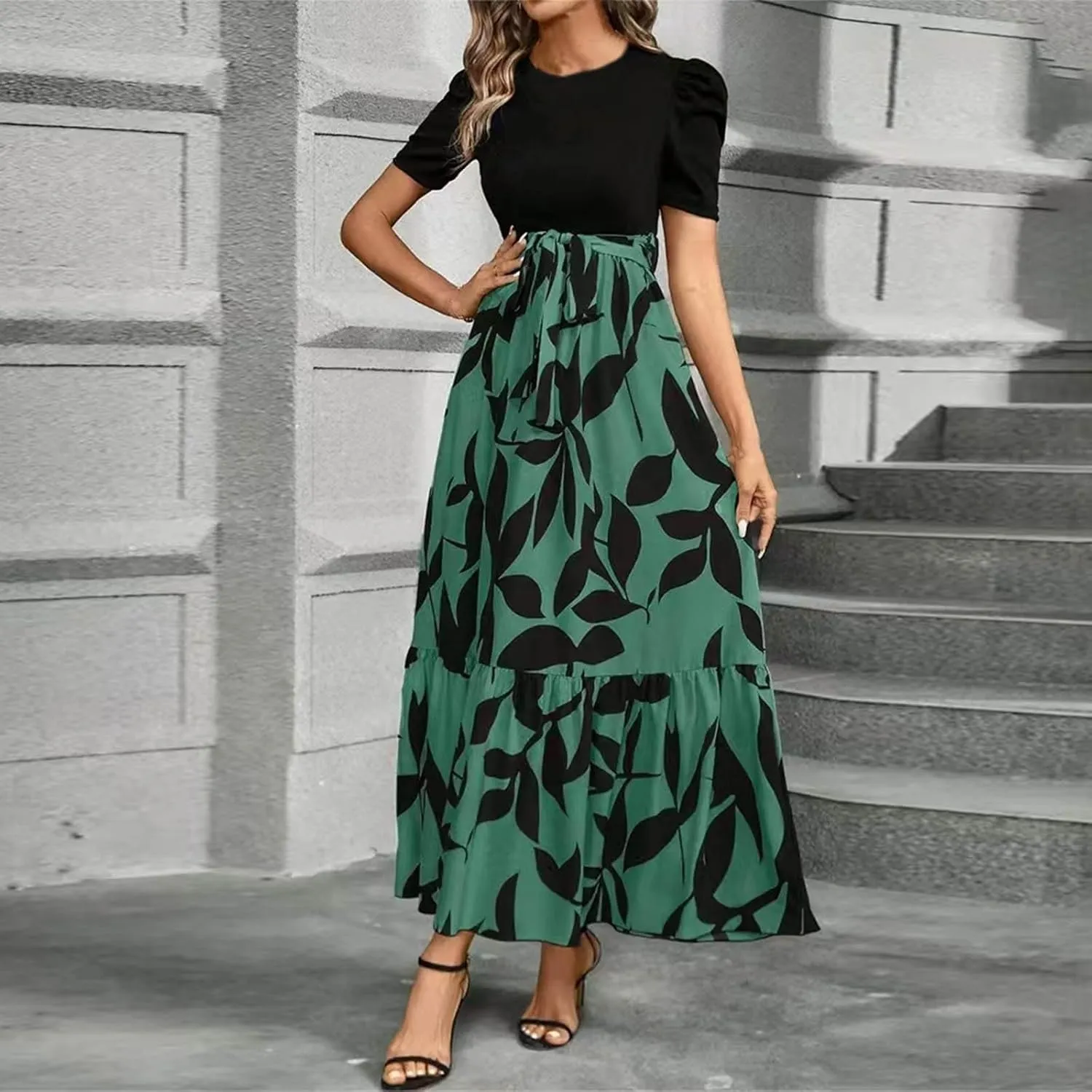 Summer Dresses for Women 2025 Maxi Dress Ruffle Short Sleeve Casual Floral Print Long Flowy Dresses with Pockets
