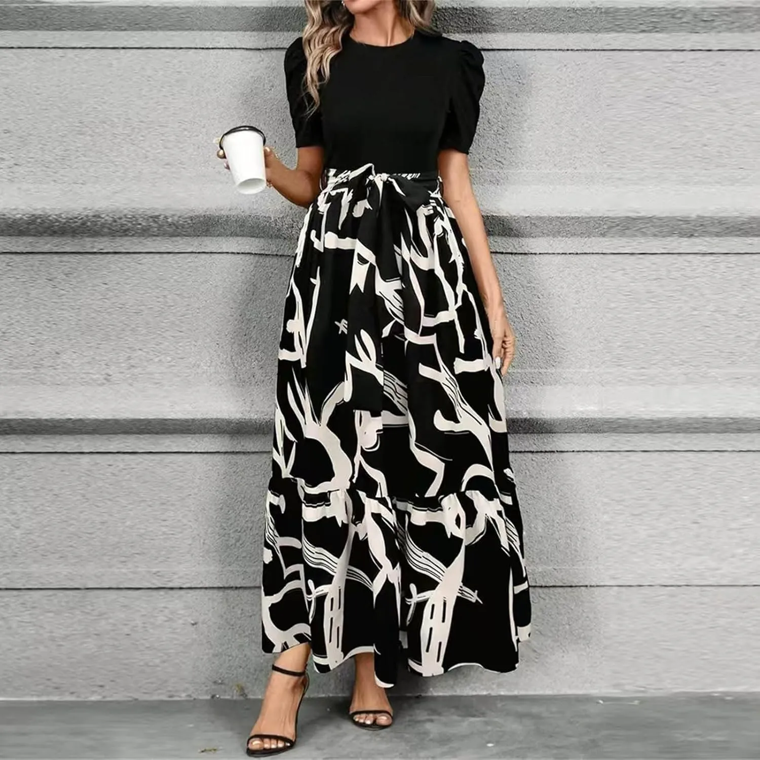 Summer Dresses for Women 2025 Maxi Dress Ruffle Short Sleeve Casual Floral Print Long Flowy Dresses with Pockets