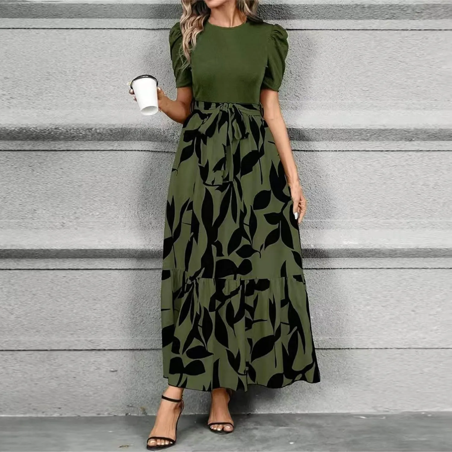 Summer Dresses for Women 2025 Maxi Dress Ruffle Short Sleeve Casual Floral Print Long Flowy Dresses with Pockets