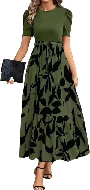 Summer Dresses for Women 2025 Maxi Dress Ruffle Short Sleeve Casual Floral Print Long Flowy Dresses with Pockets