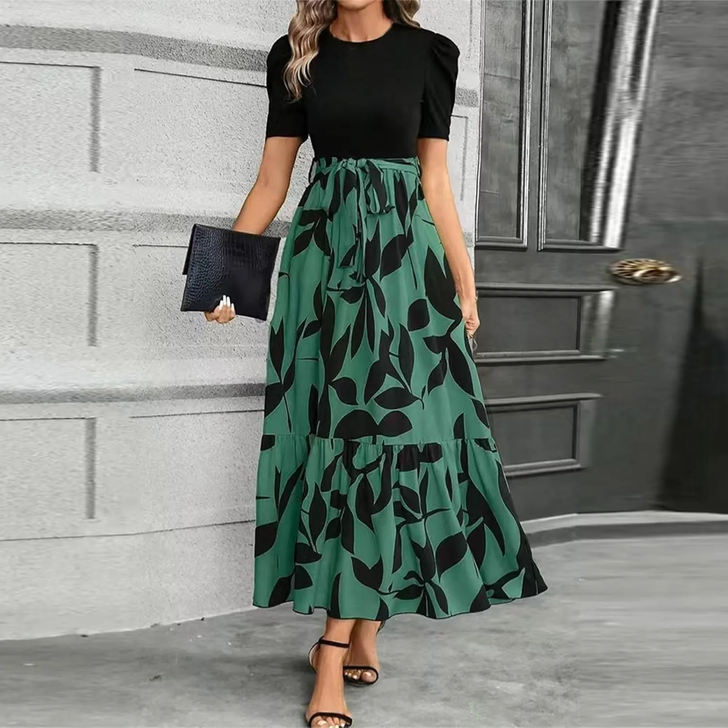 Summer Dresses for Women 2025 Maxi Dress Ruffle Short Sleeve Casual Floral Print Long Flowy Dresses with Pockets
