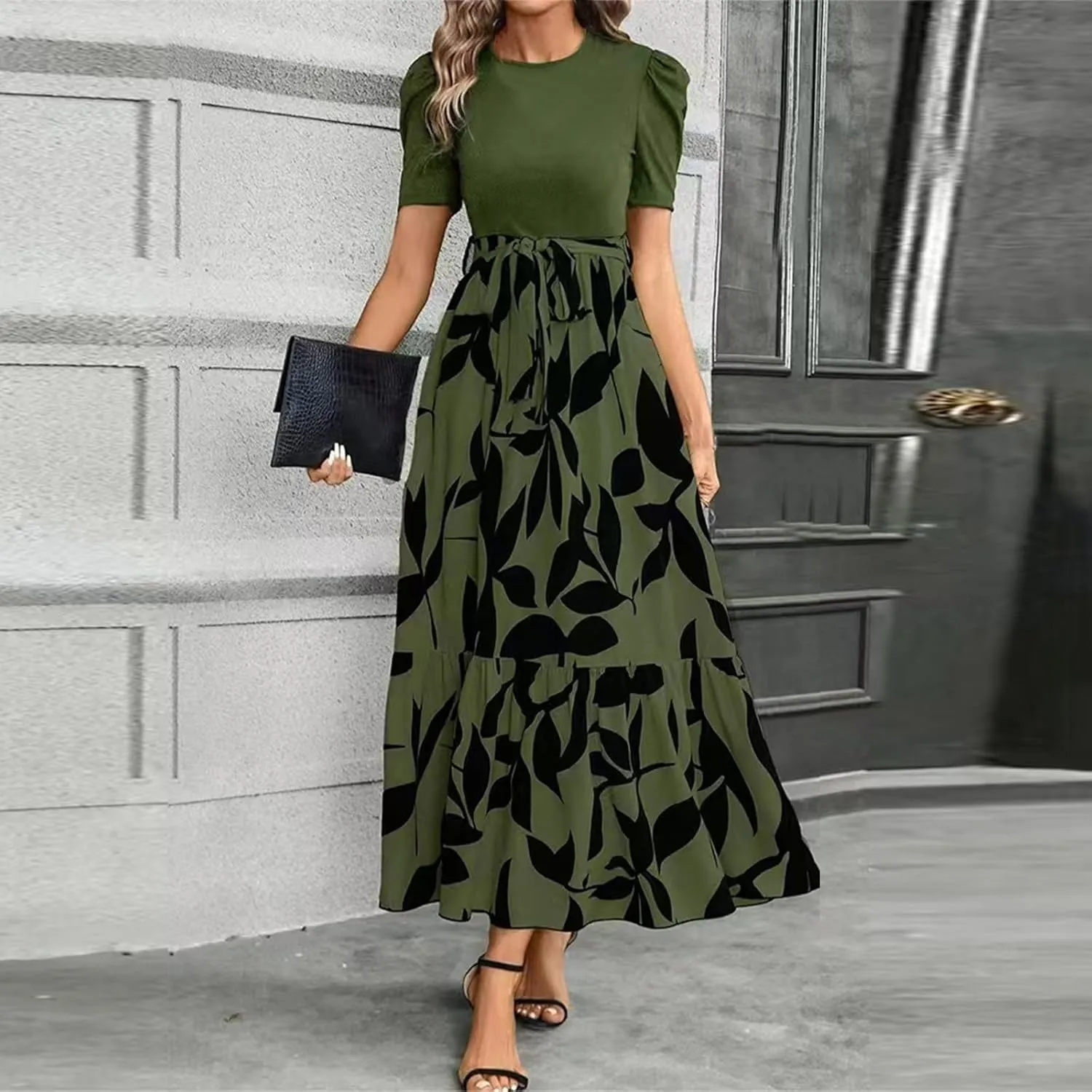 Summer Dresses for Women 2025 Maxi Dress Ruffle Short Sleeve Casual Floral Print Long Flowy Dresses with Pockets
