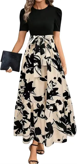 Summer Dresses for Women 2025 Maxi Dress Ruffle Short Sleeve Casual Floral Print Long Flowy Dresses with Pockets