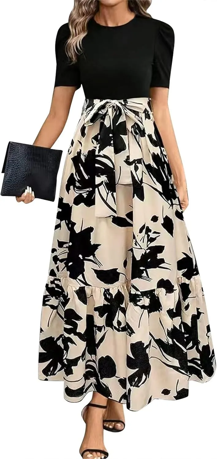 Summer Dresses for Women 2025 Maxi Dress Ruffle Short Sleeve Casual Floral Print Long Flowy Dresses with Pockets