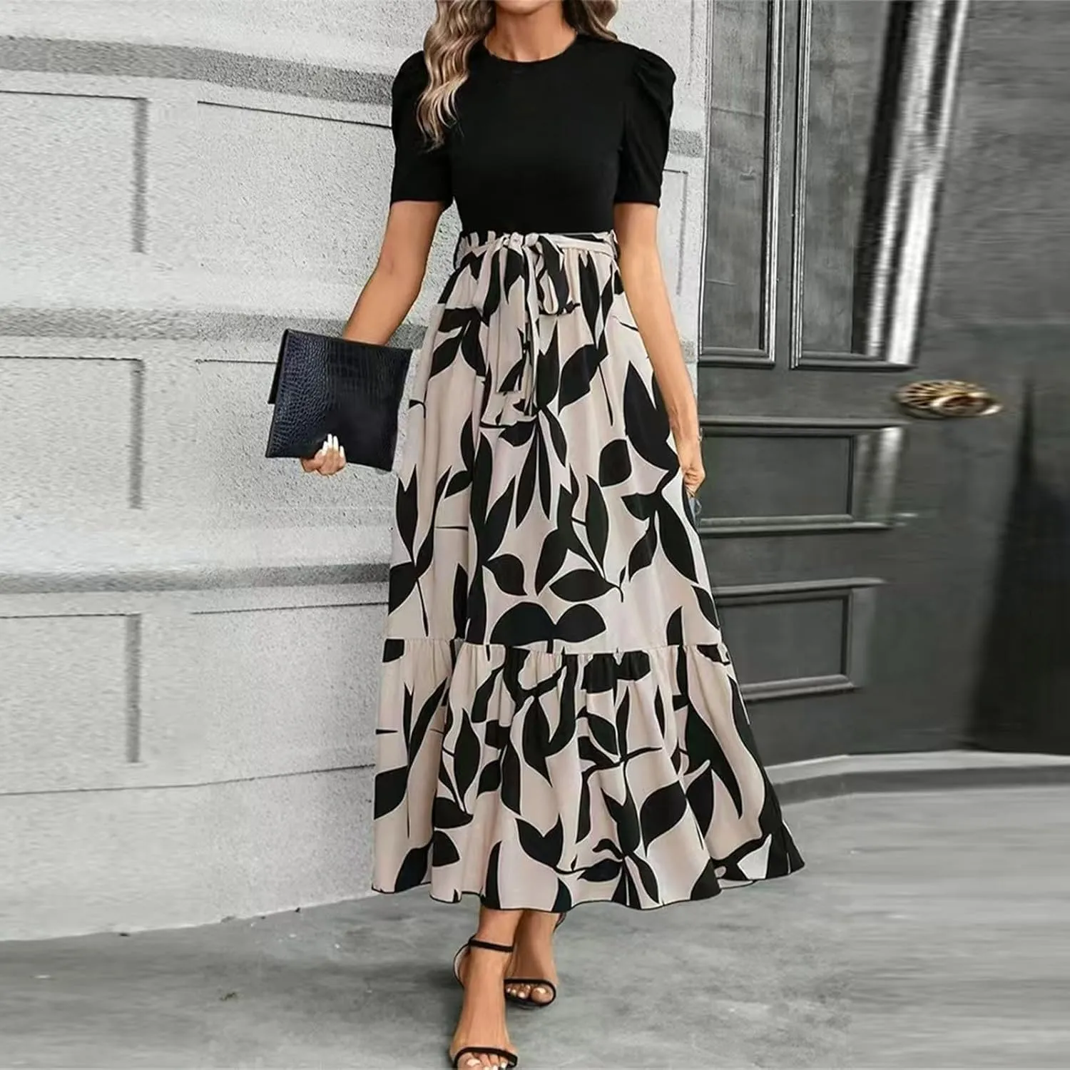 Summer Dresses for Women 2025 Maxi Dress Ruffle Short Sleeve Casual Floral Print Long Flowy Dresses with Pockets