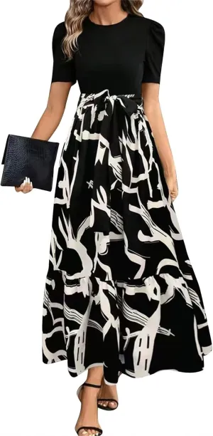 Summer Dresses for Women 2025 Maxi Dress Ruffle Short Sleeve Casual Floral Print Long Flowy Dresses with Pockets