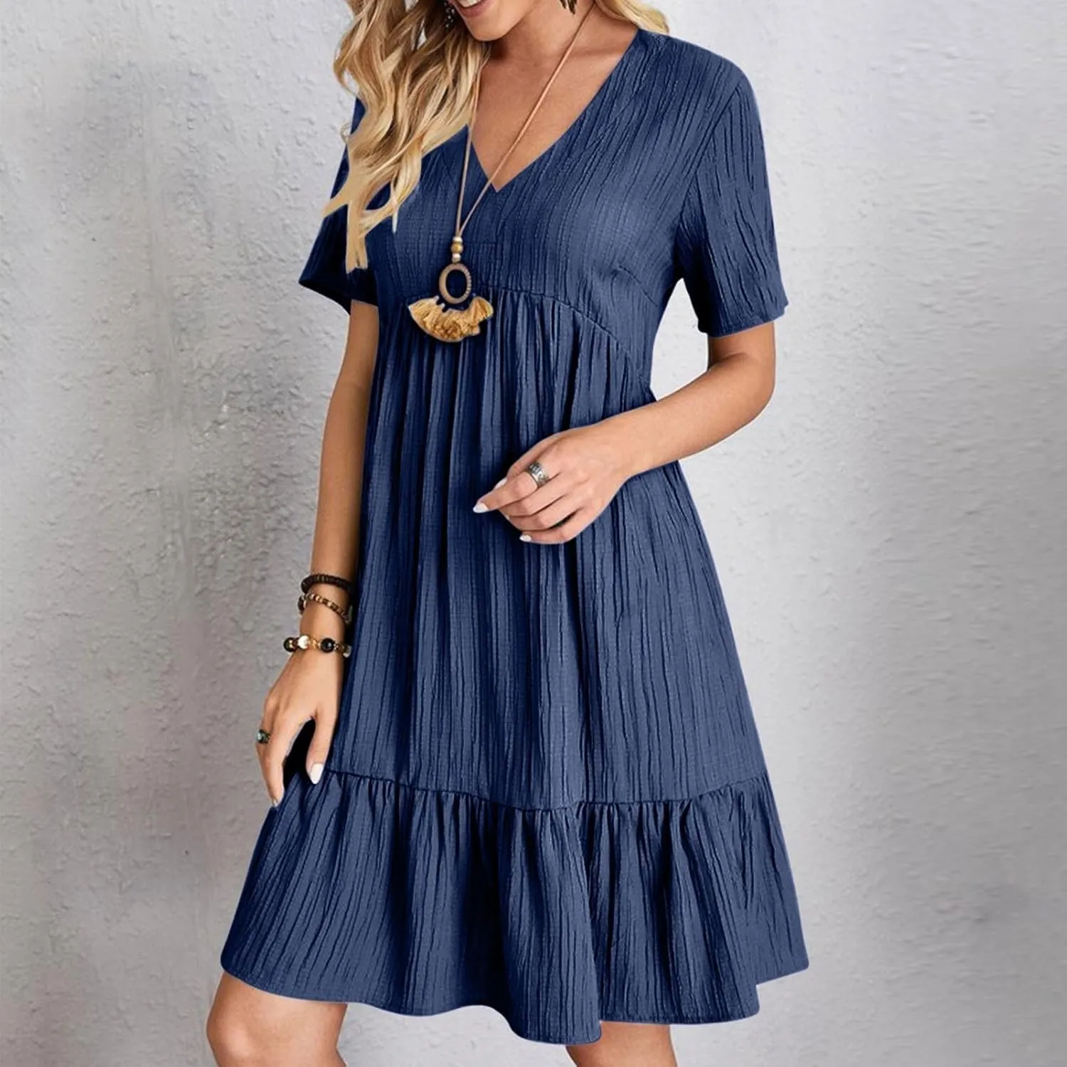 Summer Dresses for Women 2025 Plus Size Short Sleeve V Neck Mini Dress Casual Flowy Swing Boho Beach Vacation Dress