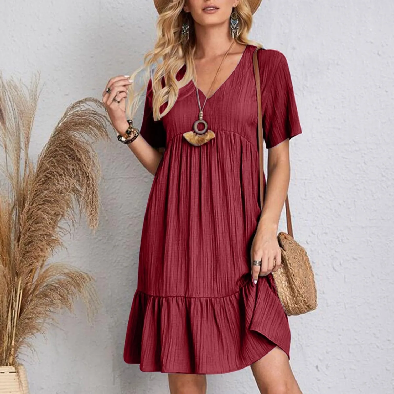 Summer Dresses for Women 2025 Plus Size Short Sleeve V Neck Mini Dress Casual Flowy Swing Boho Beach Vacation Dress