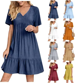 Summer Dresses for Women 2025 Plus Size Short Sleeve V Neck Mini Dress Casual Flowy Swing Boho Beach Vacation Dress