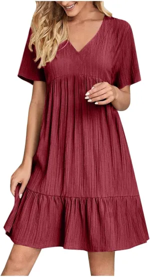 Summer Dresses for Women 2025 Plus Size Short Sleeve V Neck Mini Dress Casual Flowy Swing Boho Beach Vacation Dress