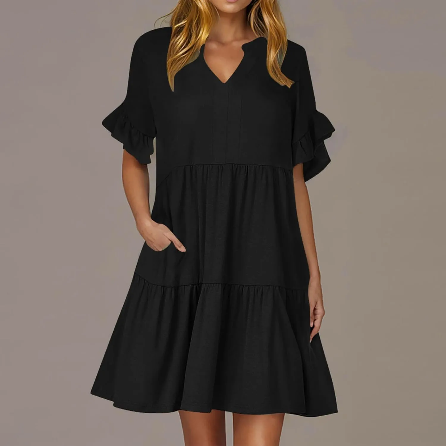 Summer Dresses for Women Casual Ruffle Sleeve Button Down Shirt Dress Tiered Flowy Shift Sundresses with Pockets