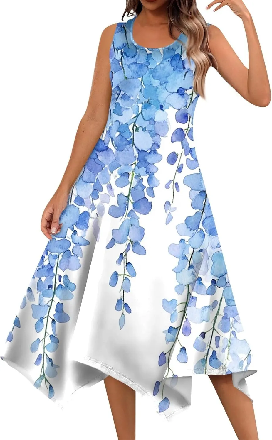 Summer Dresses for Women Summer Floral Flowy Sundresses Casual Beach Midi Tank Dresses Hankerchief Hem Sleeveless Dress