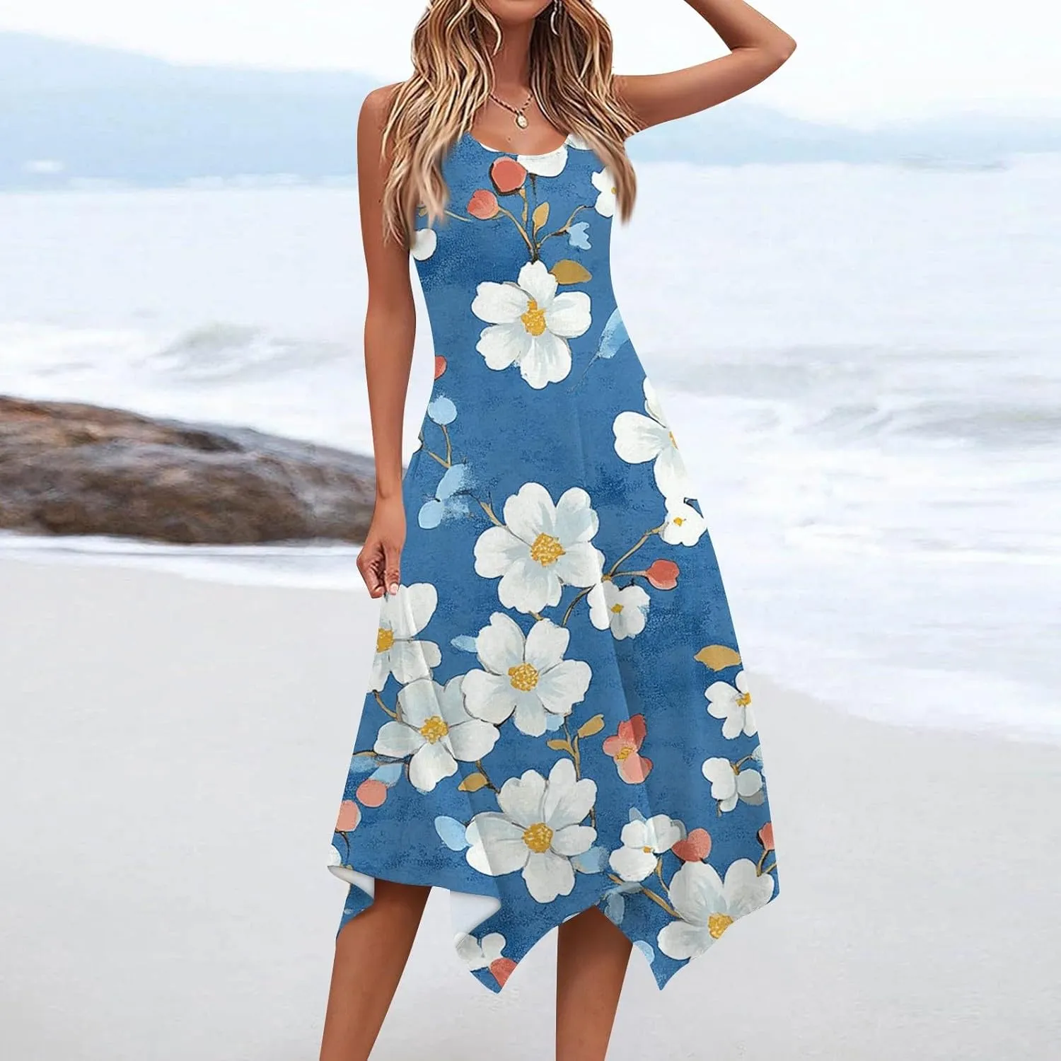 Summer Dresses for Women Summer Floral Flowy Sundresses Casual Beach Midi Tank Dresses Hankerchief Hem Sleeveless Dress
