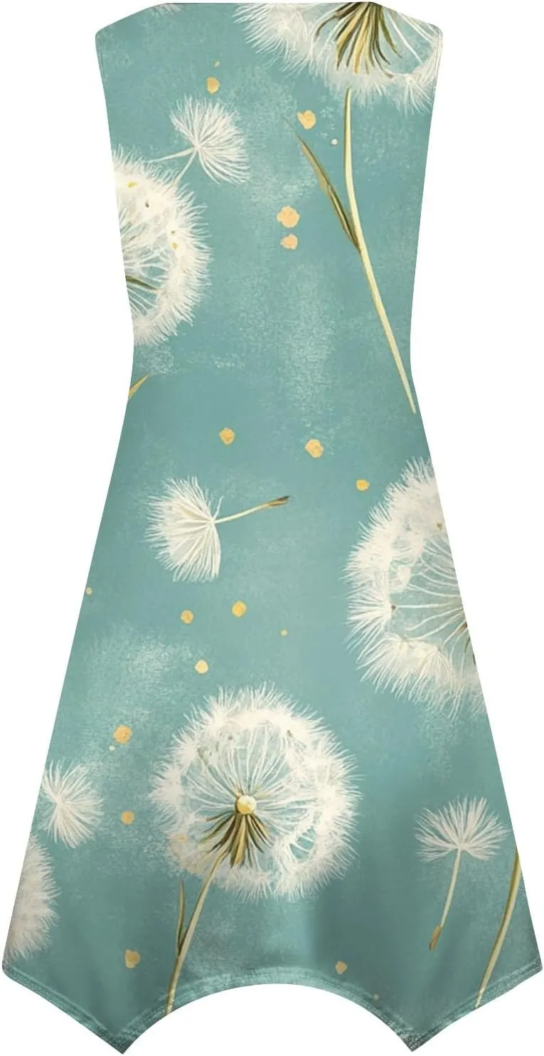 Summer Dresses for Women Summer Floral Flowy Sundresses Casual Beach Midi Tank Dresses Hankerchief Hem Sleeveless Dress