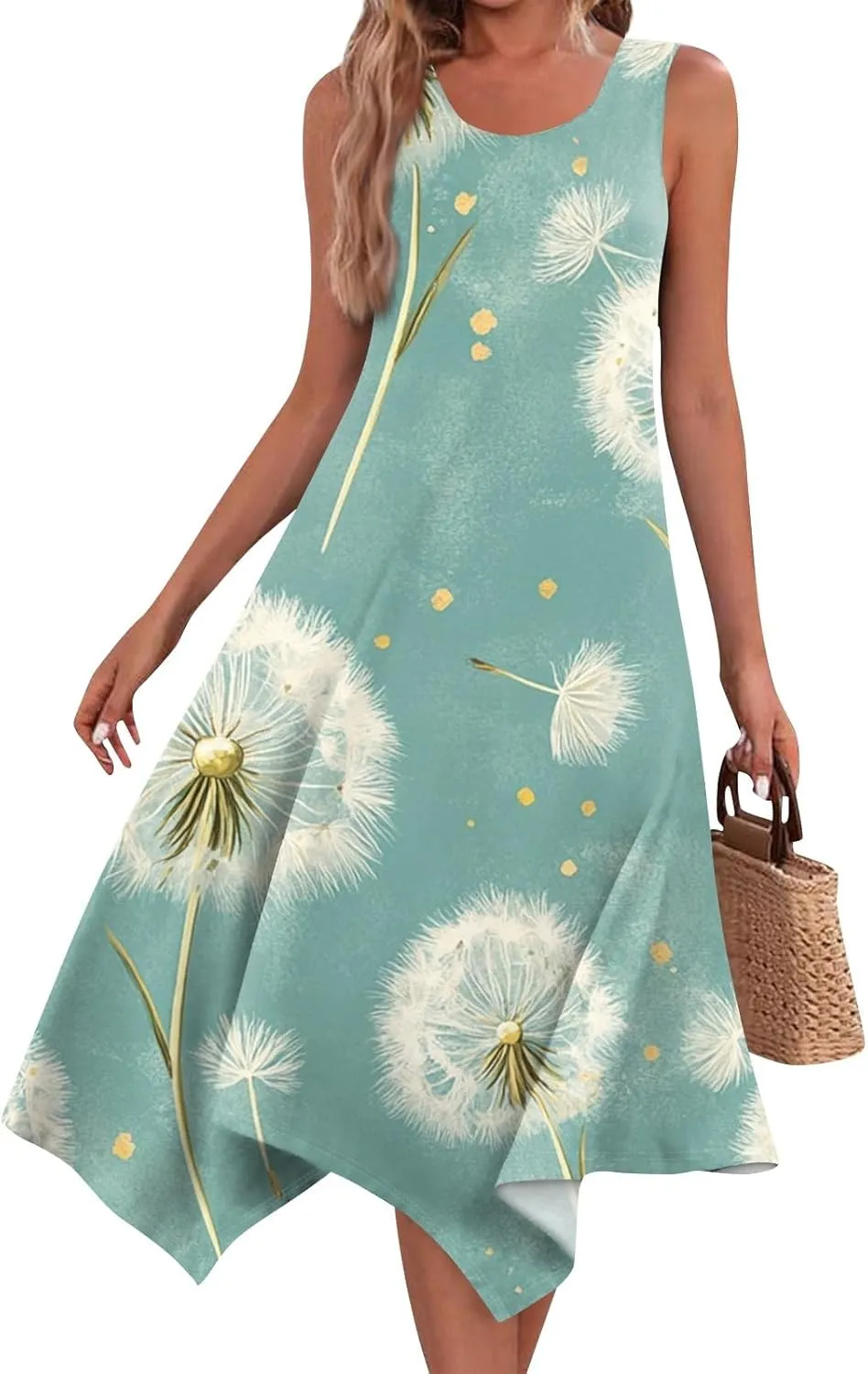 Summer Dresses for Women Summer Floral Flowy Sundresses Casual Beach Midi Tank Dresses Hankerchief Hem Sleeveless Dress