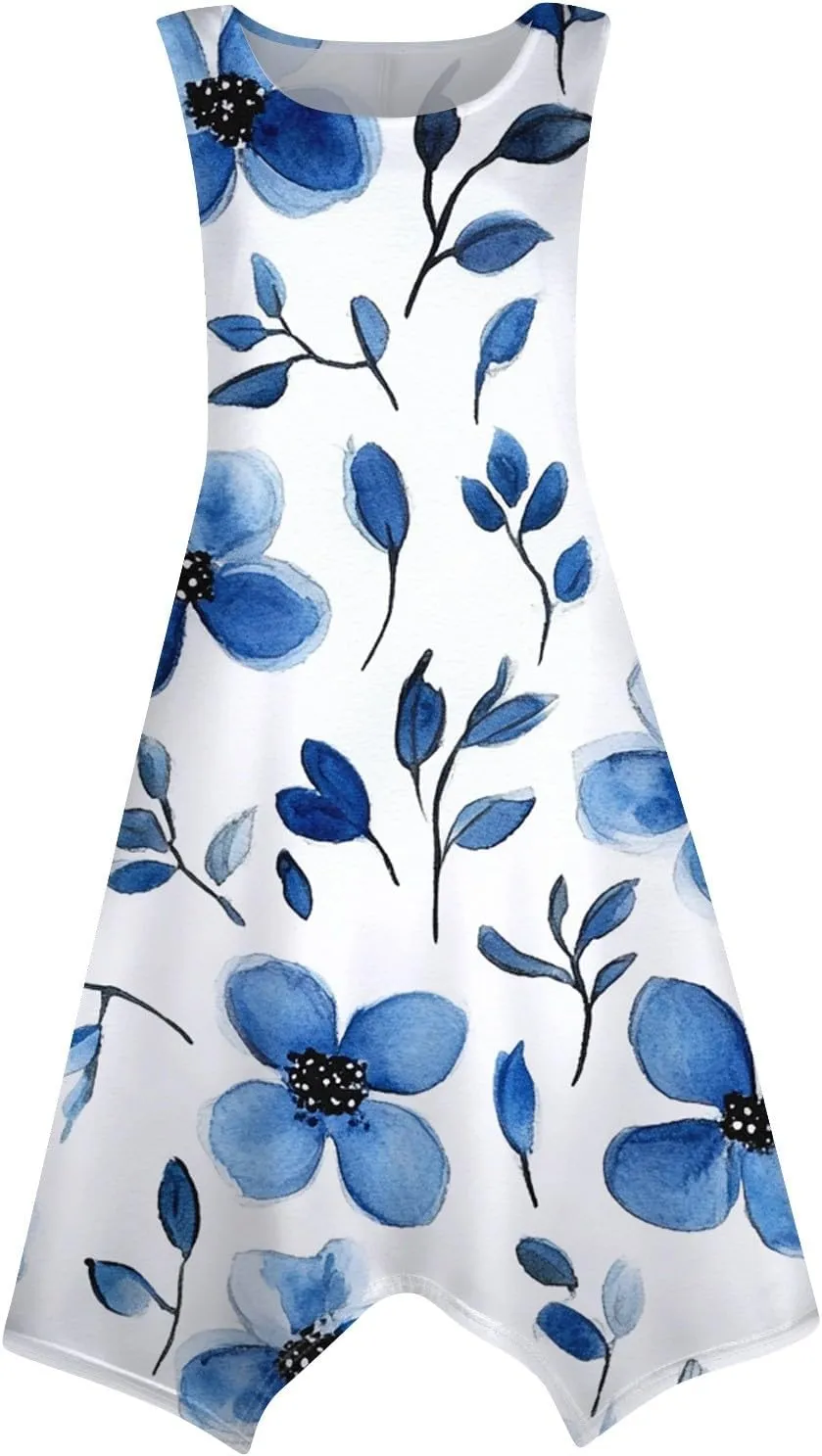 Summer Dresses for Women Summer Floral Flowy Sundresses Casual Beach Midi Tank Dresses Hankerchief Hem Sleeveless Dress