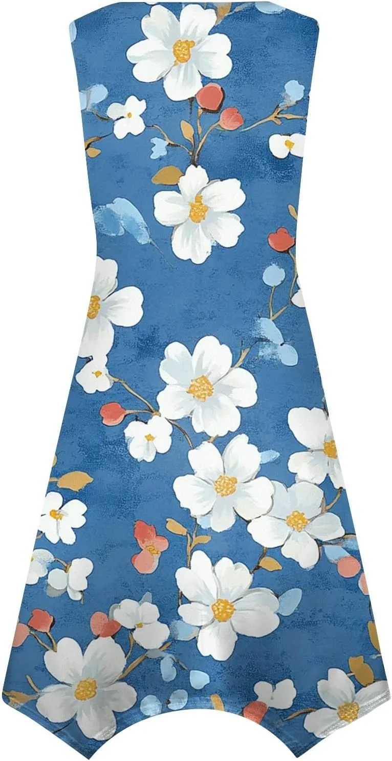 Summer Dresses for Women Summer Floral Flowy Sundresses Casual Beach Midi Tank Dresses Hankerchief Hem Sleeveless Dress
