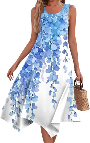 Summer Dresses for Women Summer Floral Flowy Sundresses Casual Beach Midi Tank Dresses Hankerchief Hem Sleeveless Dress