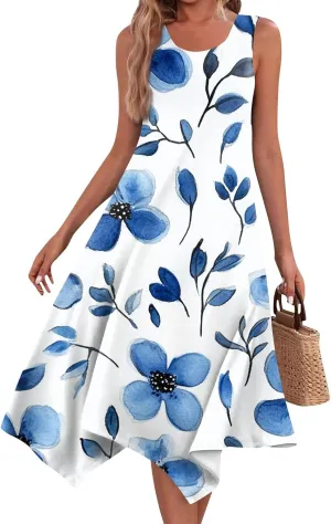 Summer Dresses for Women Summer Floral Flowy Sundresses Casual Beach Midi Tank Dresses Hankerchief Hem Sleeveless Dress