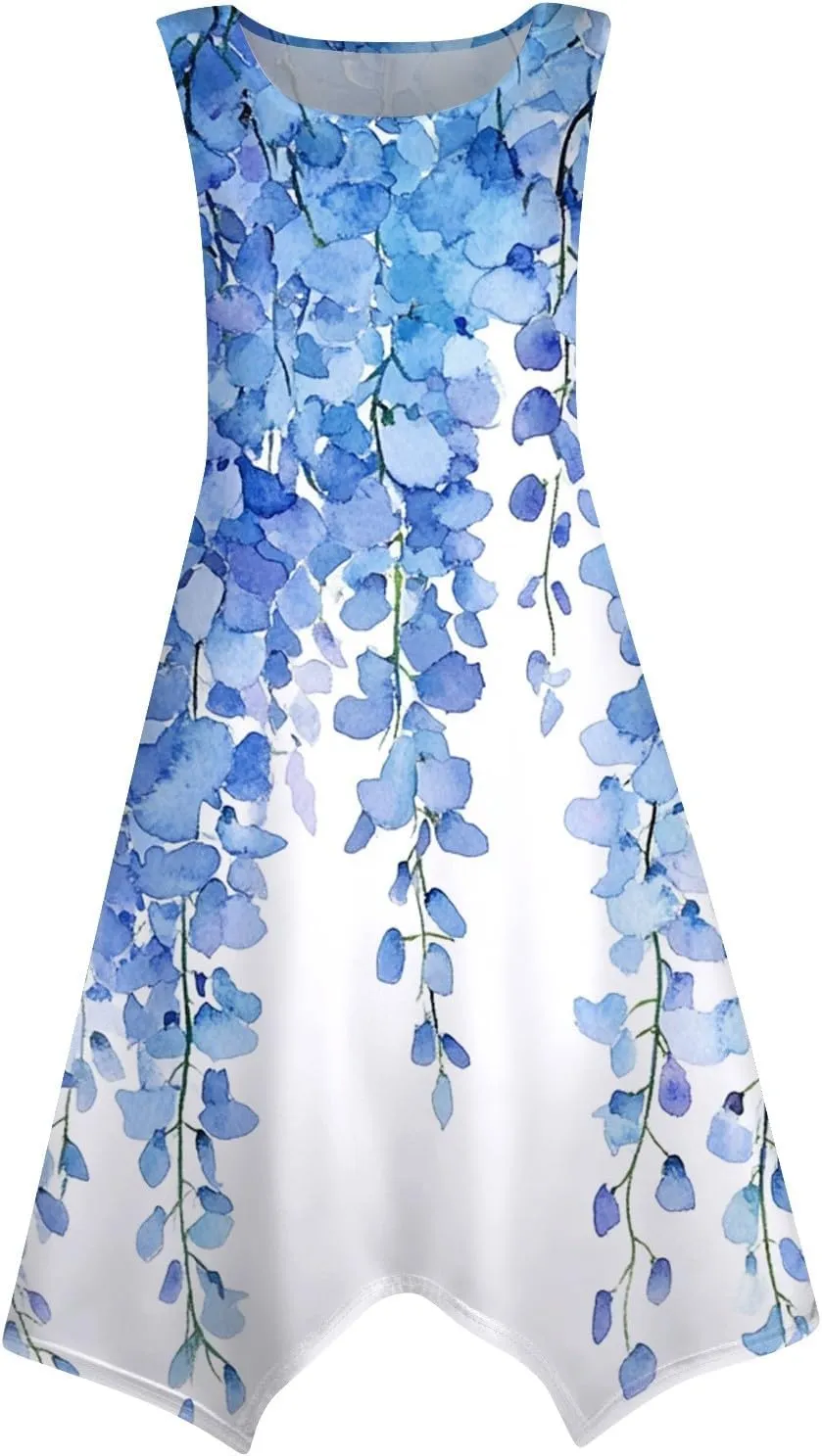 Summer Dresses for Women Summer Floral Flowy Sundresses Casual Beach Midi Tank Dresses Hankerchief Hem Sleeveless Dress