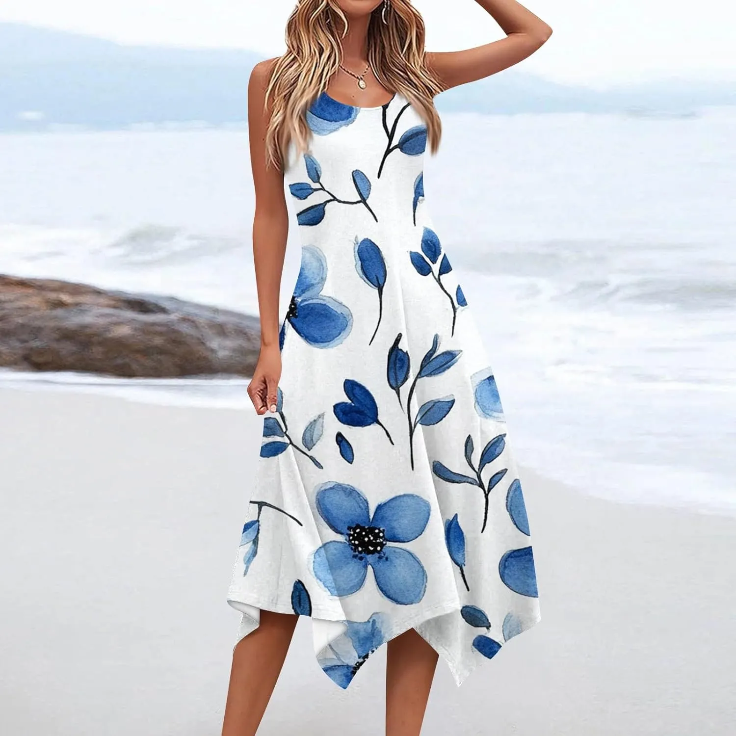 Summer Dresses for Women Summer Floral Flowy Sundresses Casual Beach Midi Tank Dresses Hankerchief Hem Sleeveless Dress