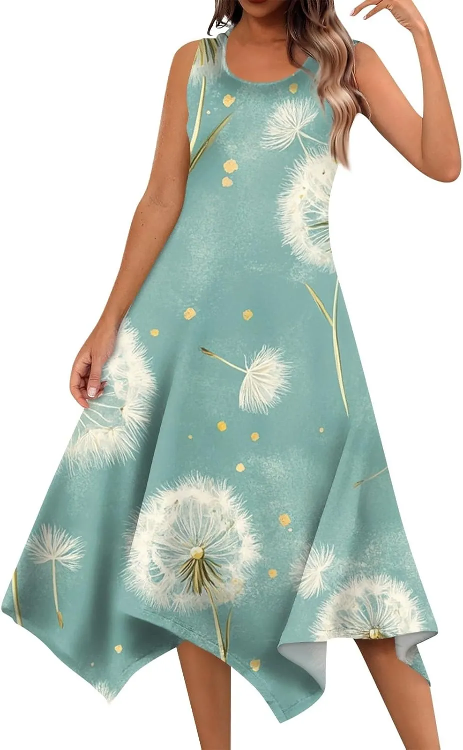Summer Dresses for Women Summer Floral Flowy Sundresses Casual Beach Midi Tank Dresses Hankerchief Hem Sleeveless Dress