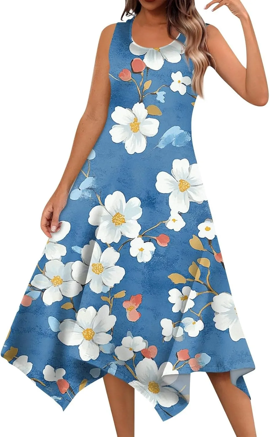 Summer Dresses for Women Summer Floral Flowy Sundresses Casual Beach Midi Tank Dresses Hankerchief Hem Sleeveless Dress