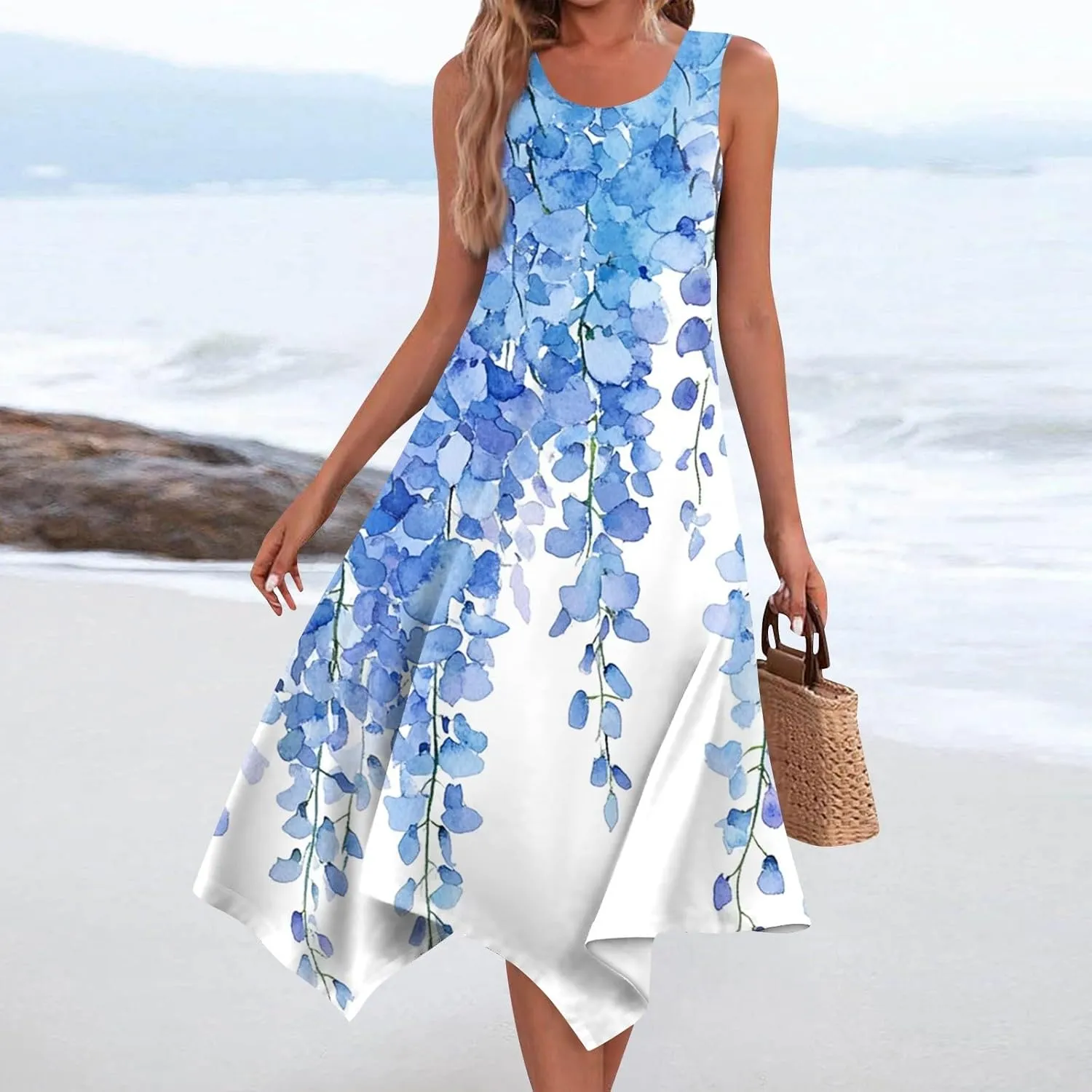 Summer Dresses for Women Summer Floral Flowy Sundresses Casual Beach Midi Tank Dresses Hankerchief Hem Sleeveless Dress
