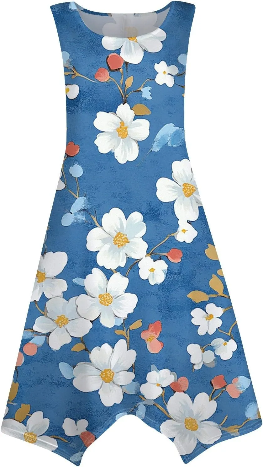 Summer Dresses for Women Summer Floral Flowy Sundresses Casual Beach Midi Tank Dresses Hankerchief Hem Sleeveless Dress