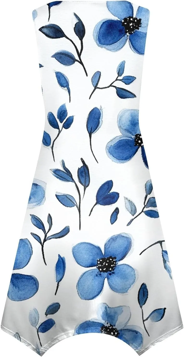 Summer Dresses for Women Summer Floral Flowy Sundresses Casual Beach Midi Tank Dresses Hankerchief Hem Sleeveless Dress