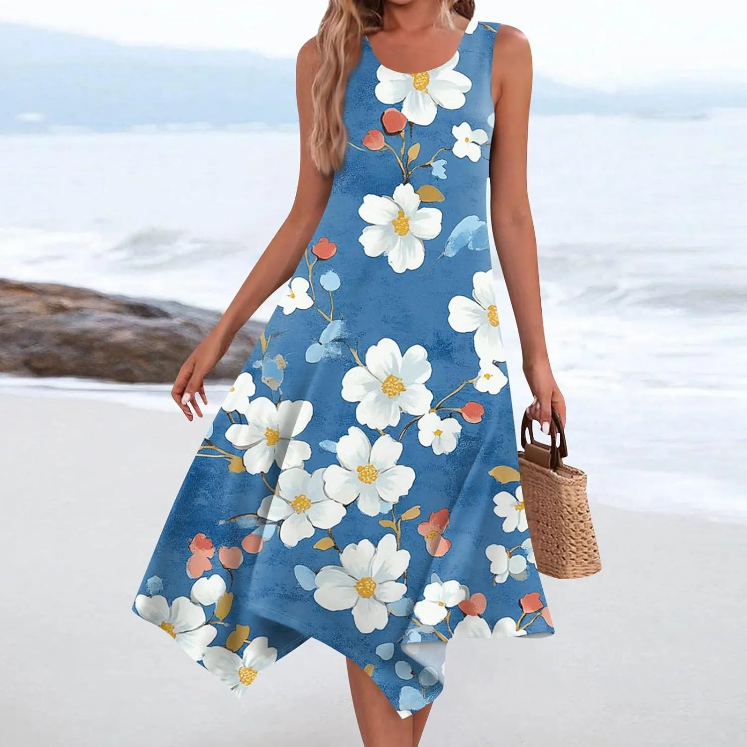 Summer Dresses for Women Summer Floral Flowy Sundresses Casual Beach Midi Tank Dresses Hankerchief Hem Sleeveless Dress