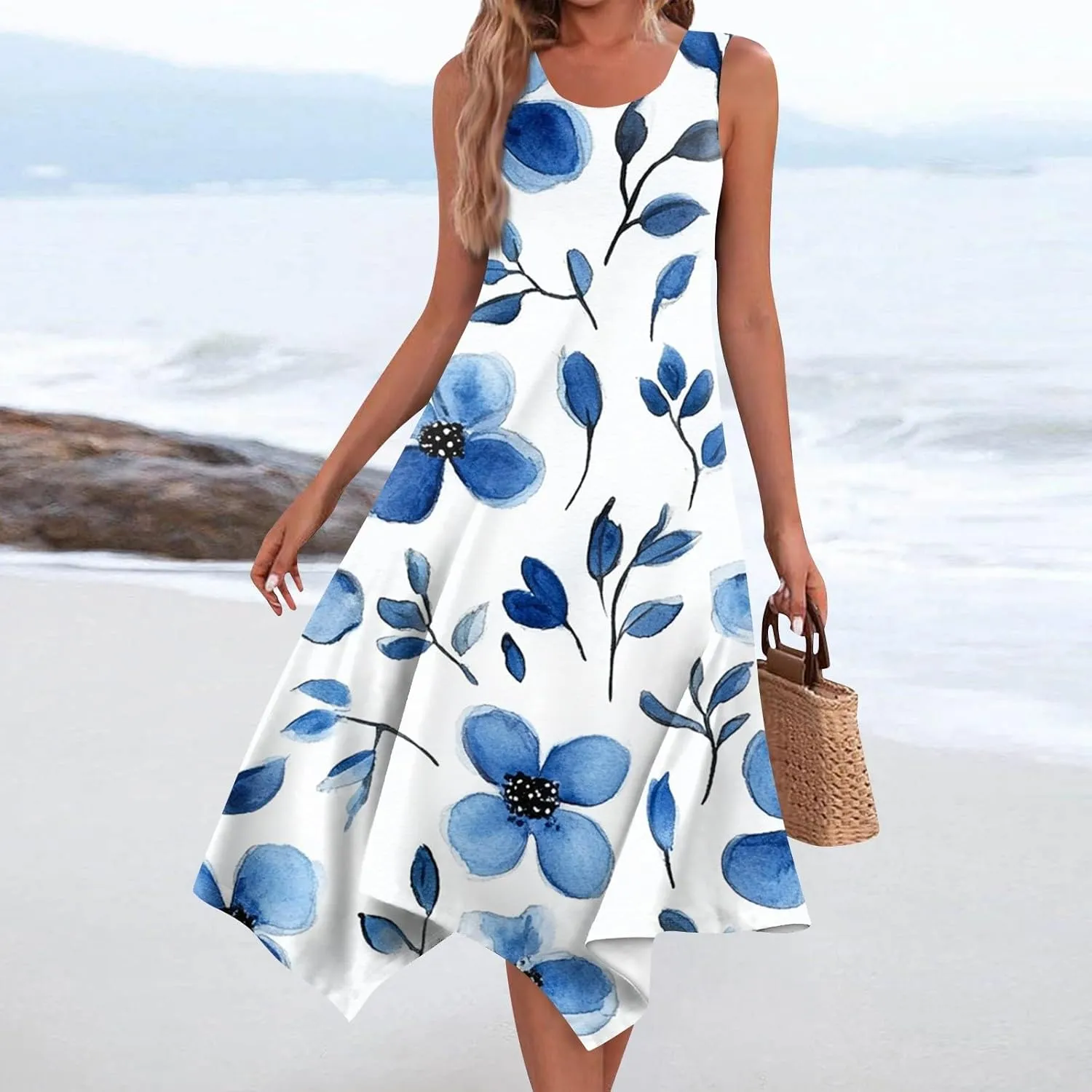 Summer Dresses for Women Summer Floral Flowy Sundresses Casual Beach Midi Tank Dresses Hankerchief Hem Sleeveless Dress