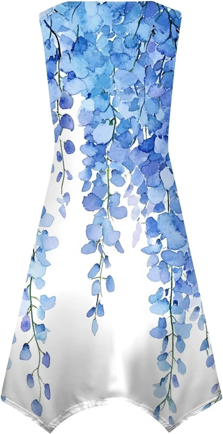 Summer Dresses for Women Summer Floral Flowy Sundresses Casual Beach Midi Tank Dresses Hankerchief Hem Sleeveless Dress