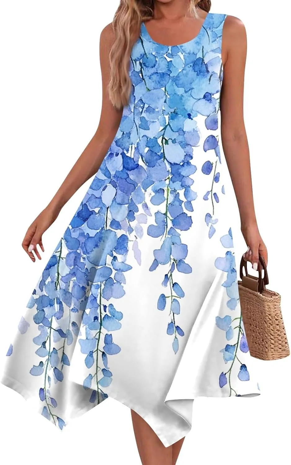 Summer Dresses for Women Summer Floral Flowy Sundresses Casual Beach Midi Tank Dresses Hankerchief Hem Sleeveless Dress